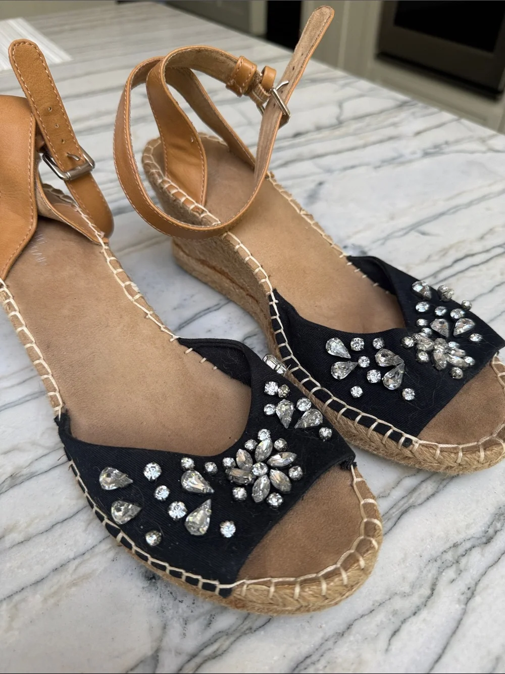 White Mountain Black Rhinestone Espadrille Wedge Sandal with Tan Ankle Strap - Picture 1 of 6